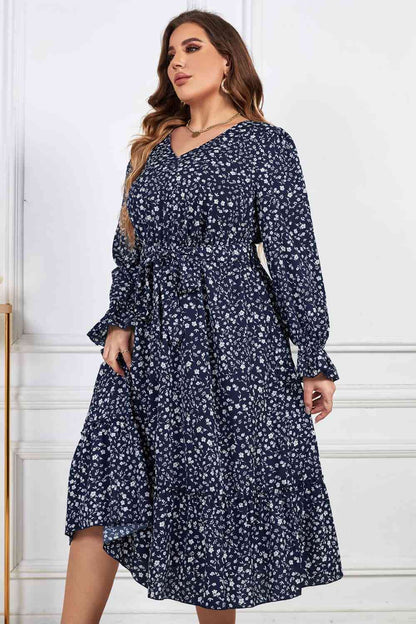 Melo Apparel Robe mi-longue à imprimé floral et manches à volants, grande taille, col en V