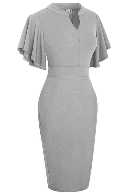 Notched Neck Flutter Sleeve Pencil Dress