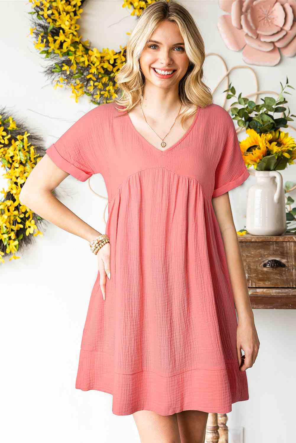 V-Neck Short Sleeve Mini Dress