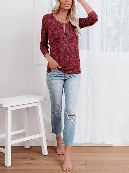 Round Neck Buttoned Long Sleeve T-Shirt