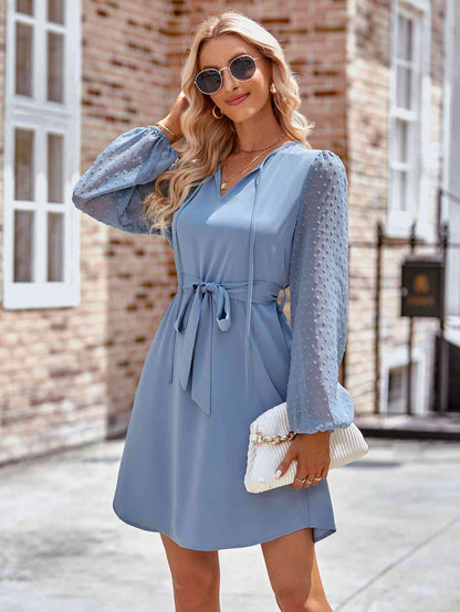 Tied Swiss Dot Long Sleeve Mini Dress