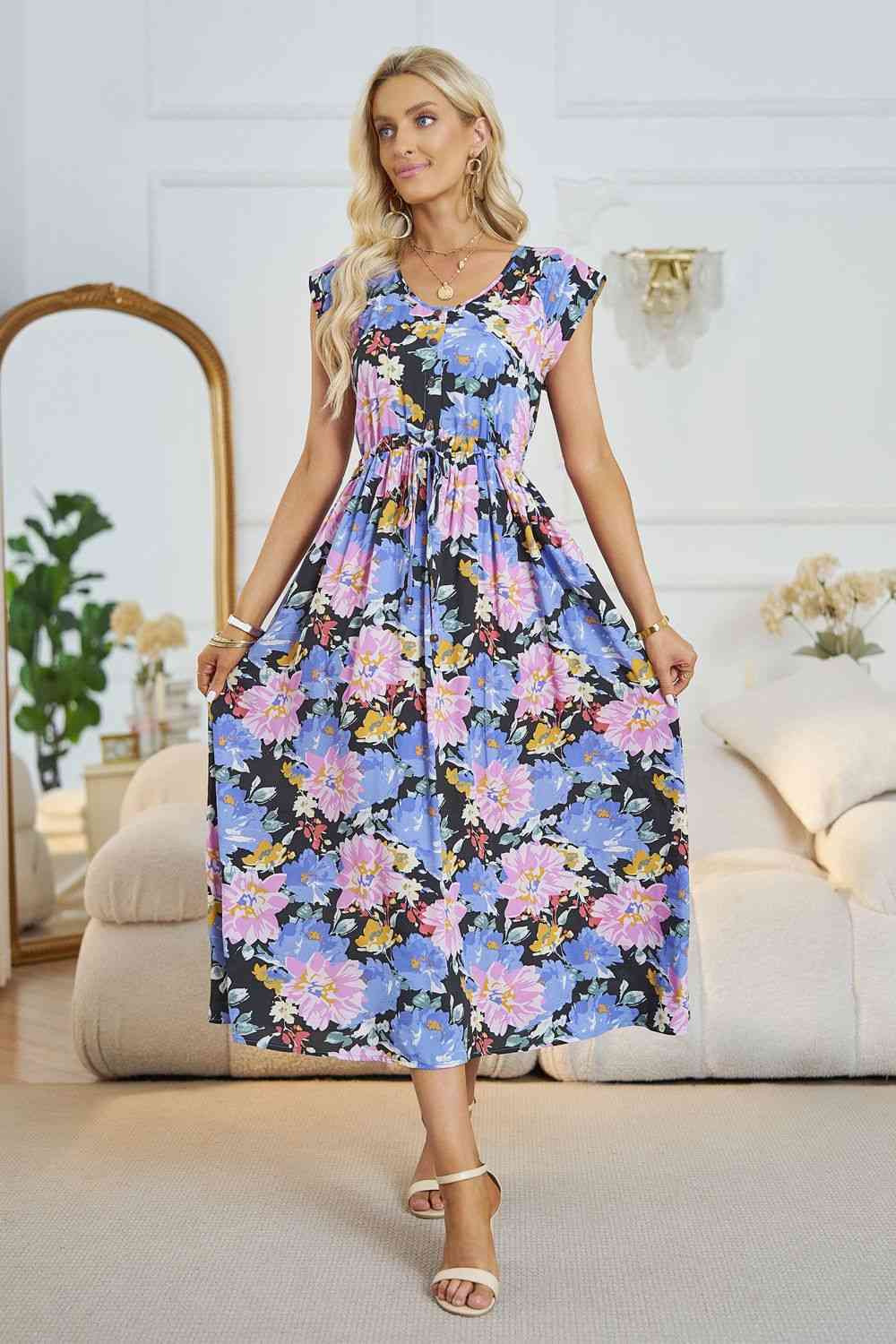 Robe midi trapèze fleurie à col en V