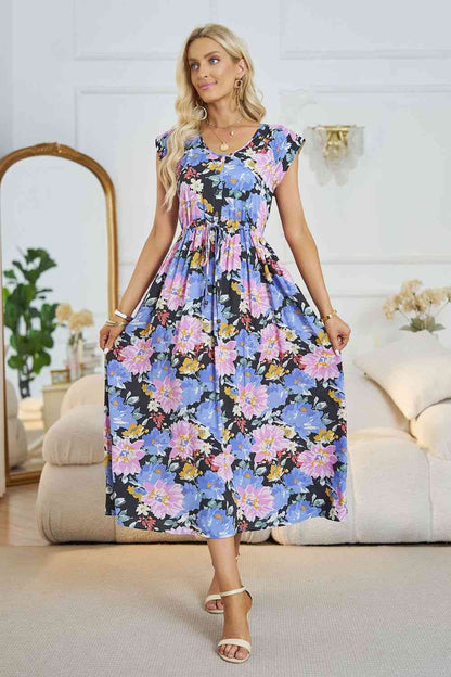 Vestido midi floral con cuello en V y línea A