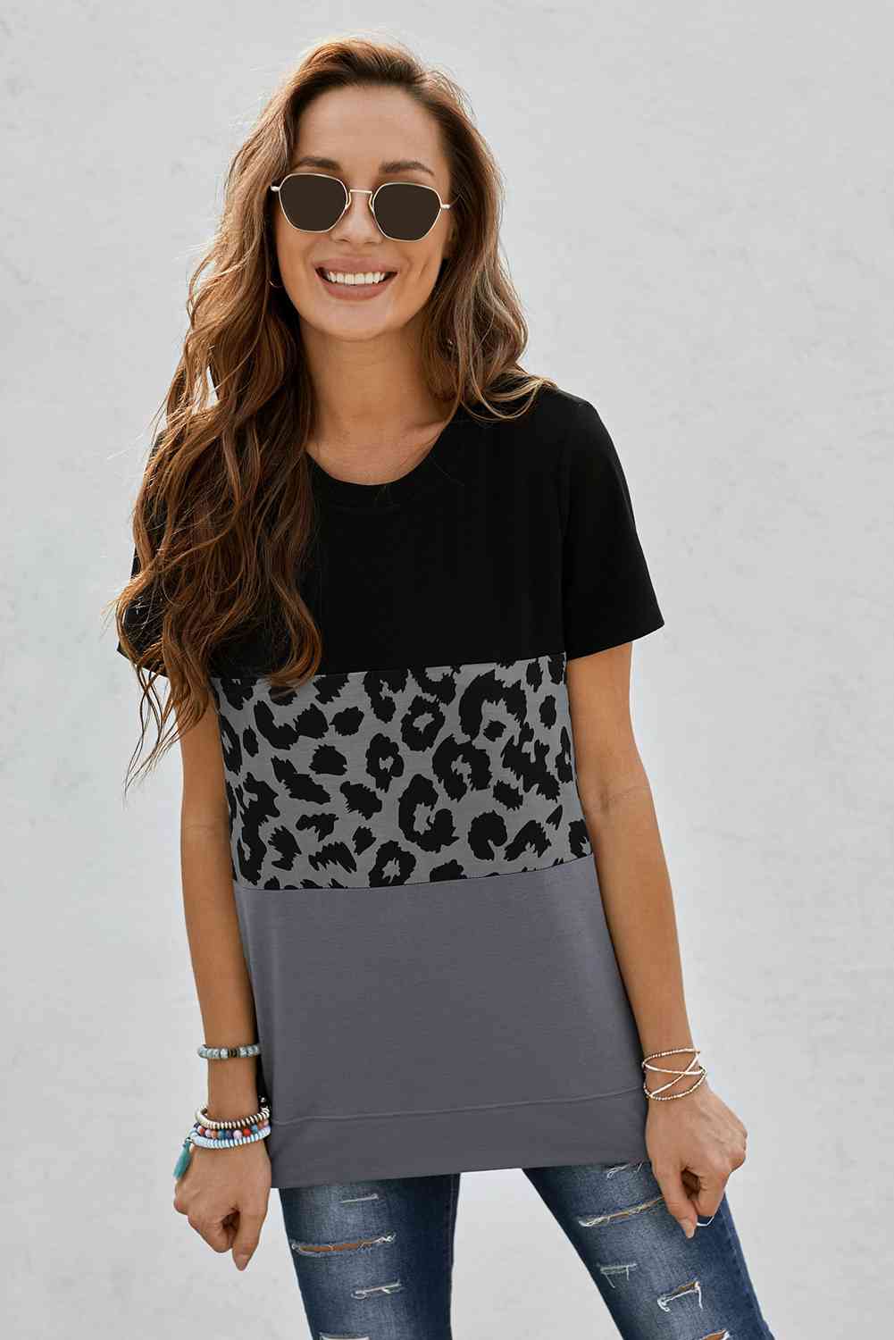 Leopard Print Color Block Short Sleeve T-Shirt