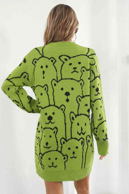 Vestido tipo suéter con cuello redondo y estampado de oso