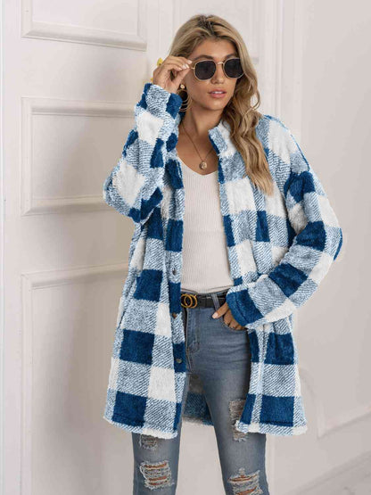 Plaid Collared Neck Longline Coat