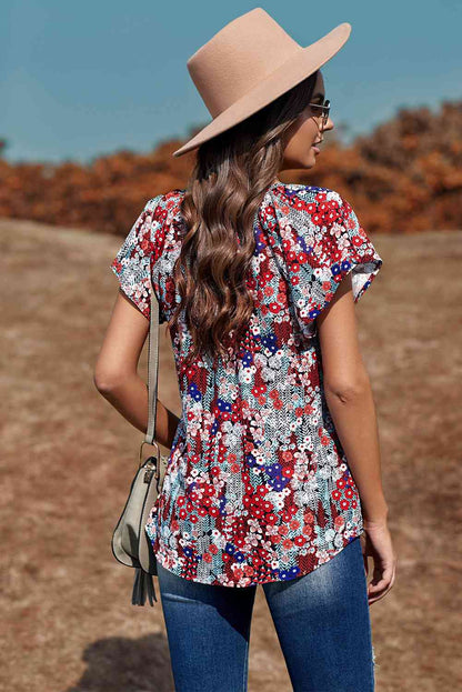 Floral Flutter Sleeve Tie-Neck Blouse