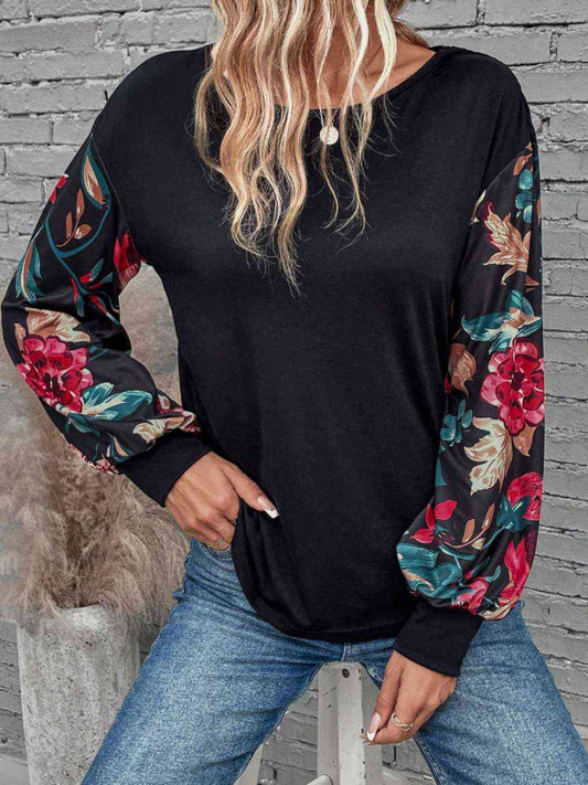 Top floral de manga larga con cuello redondo