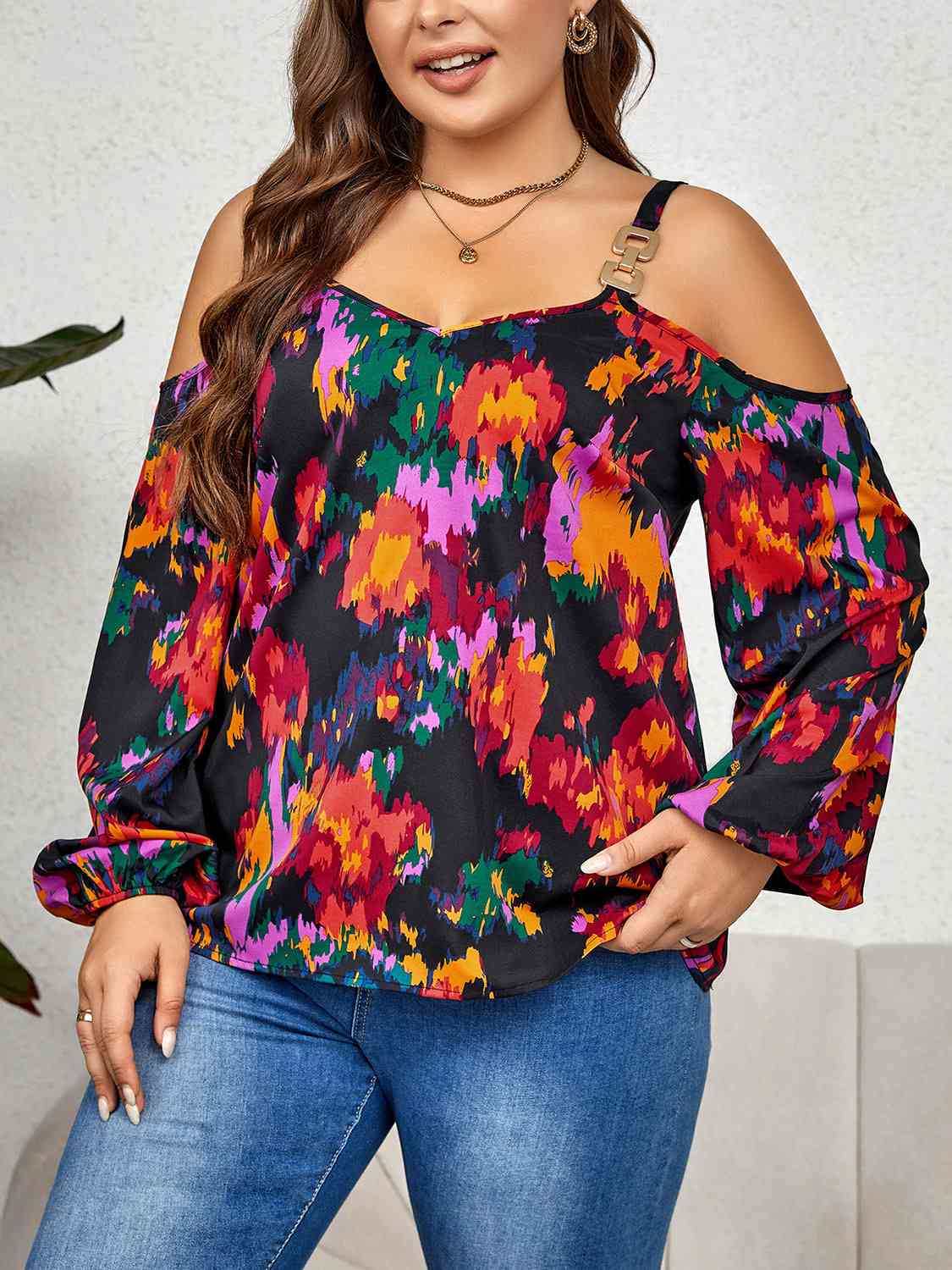 Blouse Imprimée à Manches Longues et Epaule Dénudée de Grande Taille