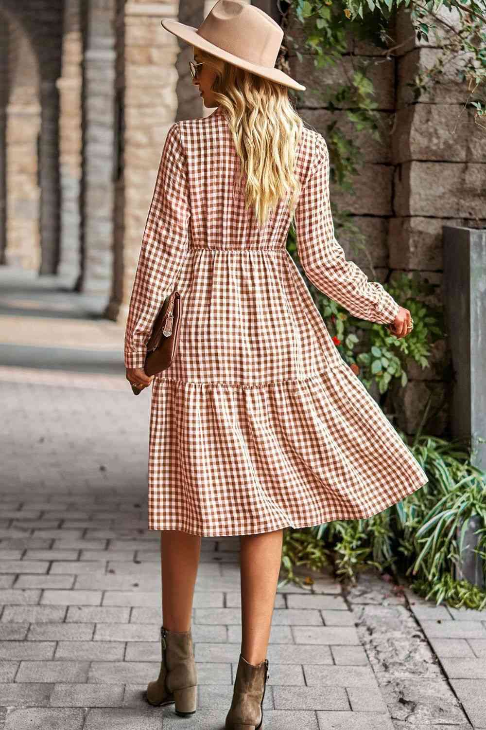 Collared Neck Long Sleeve Midi Dress