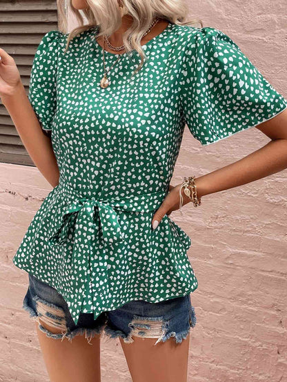 Heart Print Tie Belt Puff Sleeve Blouse