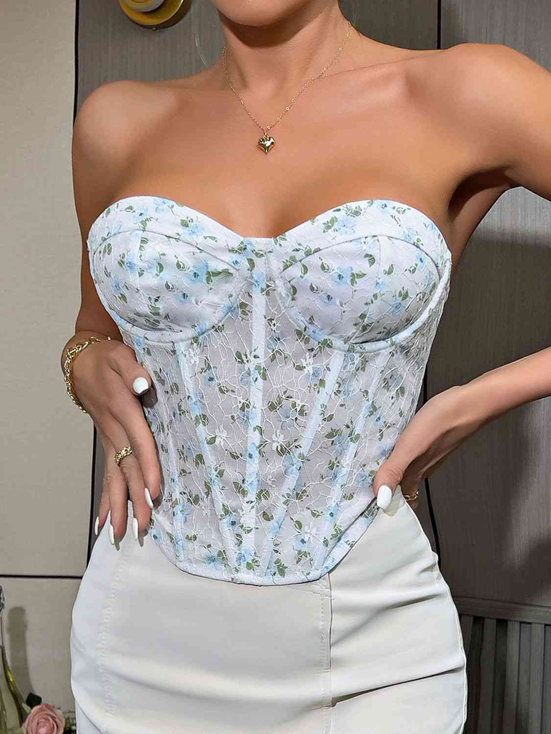 Bustier sans bretelles à lacets et fleurs