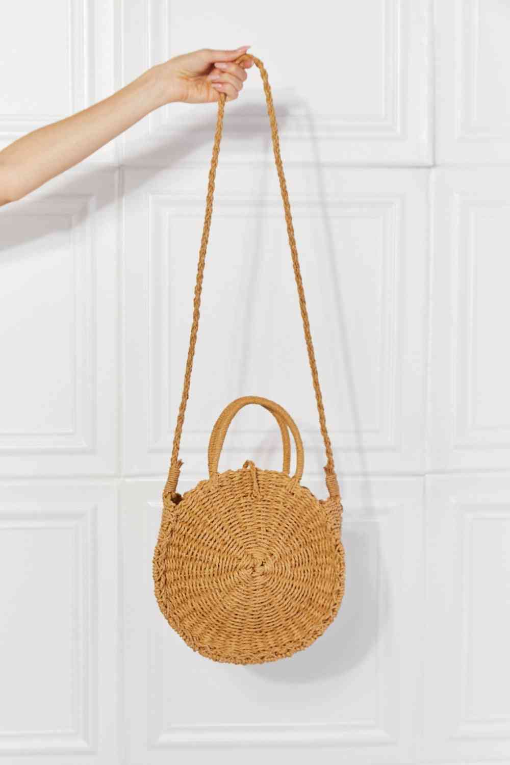 Justin Taylor Feeling Cute Rounded Rattan Handbag in Camel