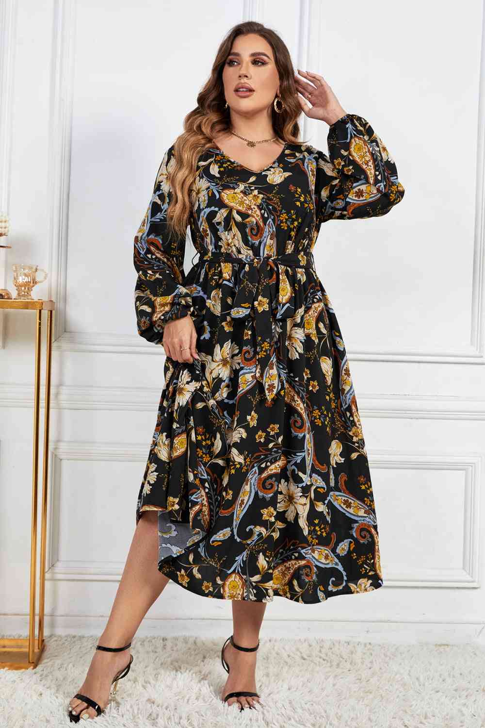 Melo Apparel Vestido midi con manga globo y cinturón con estampado floral de talla grande