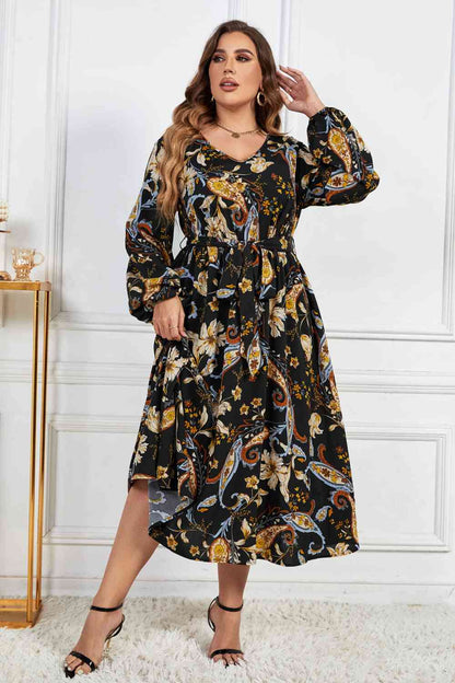 Melo Apparel Vestido midi con manga globo y cinturón con estampado floral de talla grande