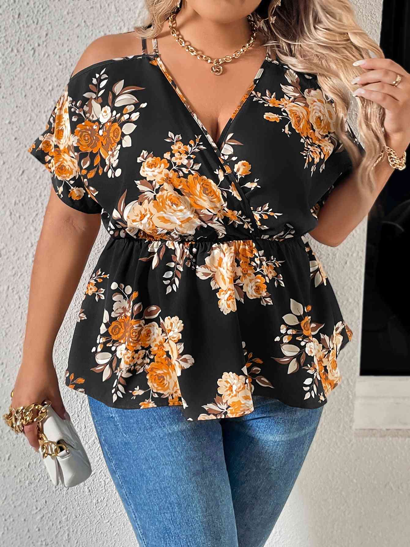 Blouse à Col Surplis et Epaule Dénudée Imprimé Floral de Grande Taille