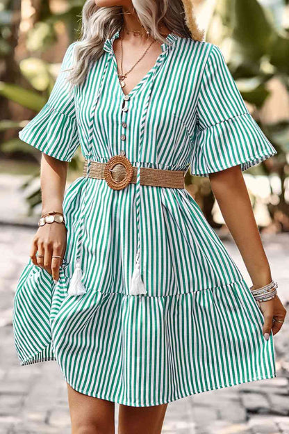 Striped Tie Neck Flare Sleeve Dress