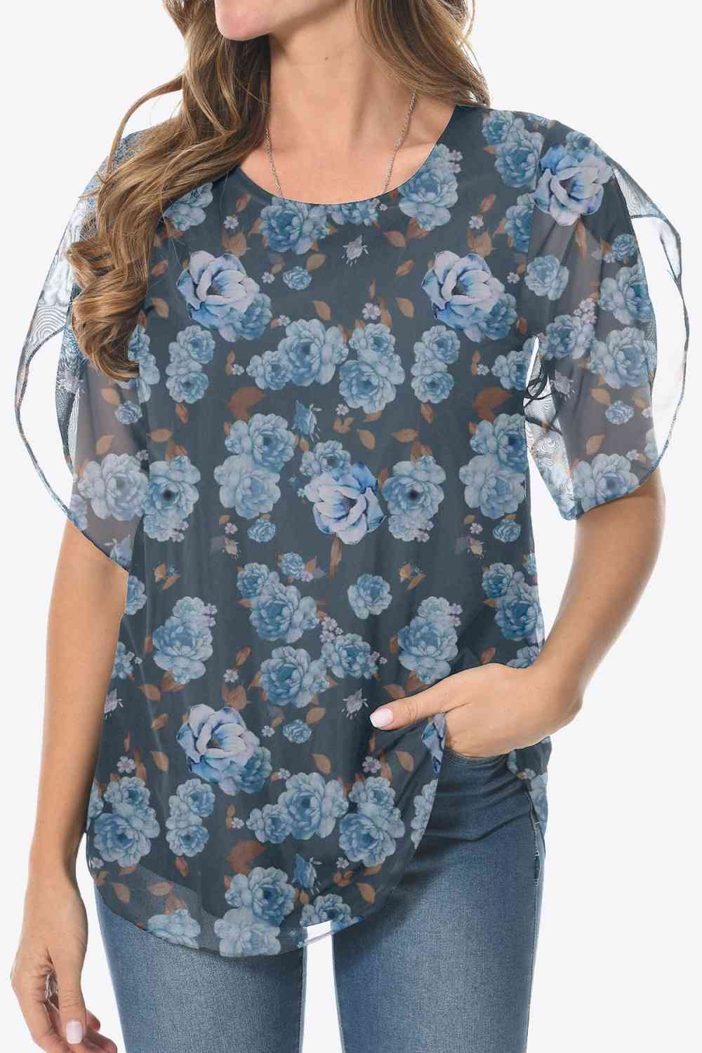 Blusa estampada con cuello redondo y dobladillo redondeado