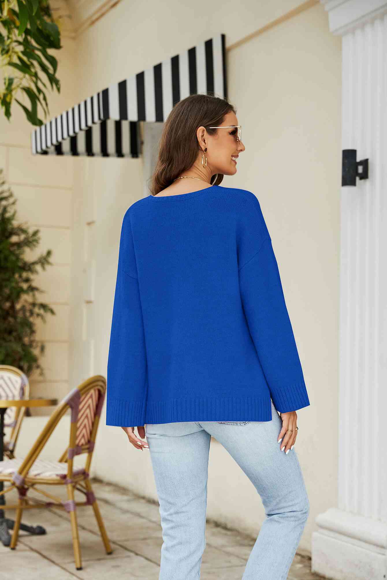 Pull en tricot à col en V et épaules tombantes