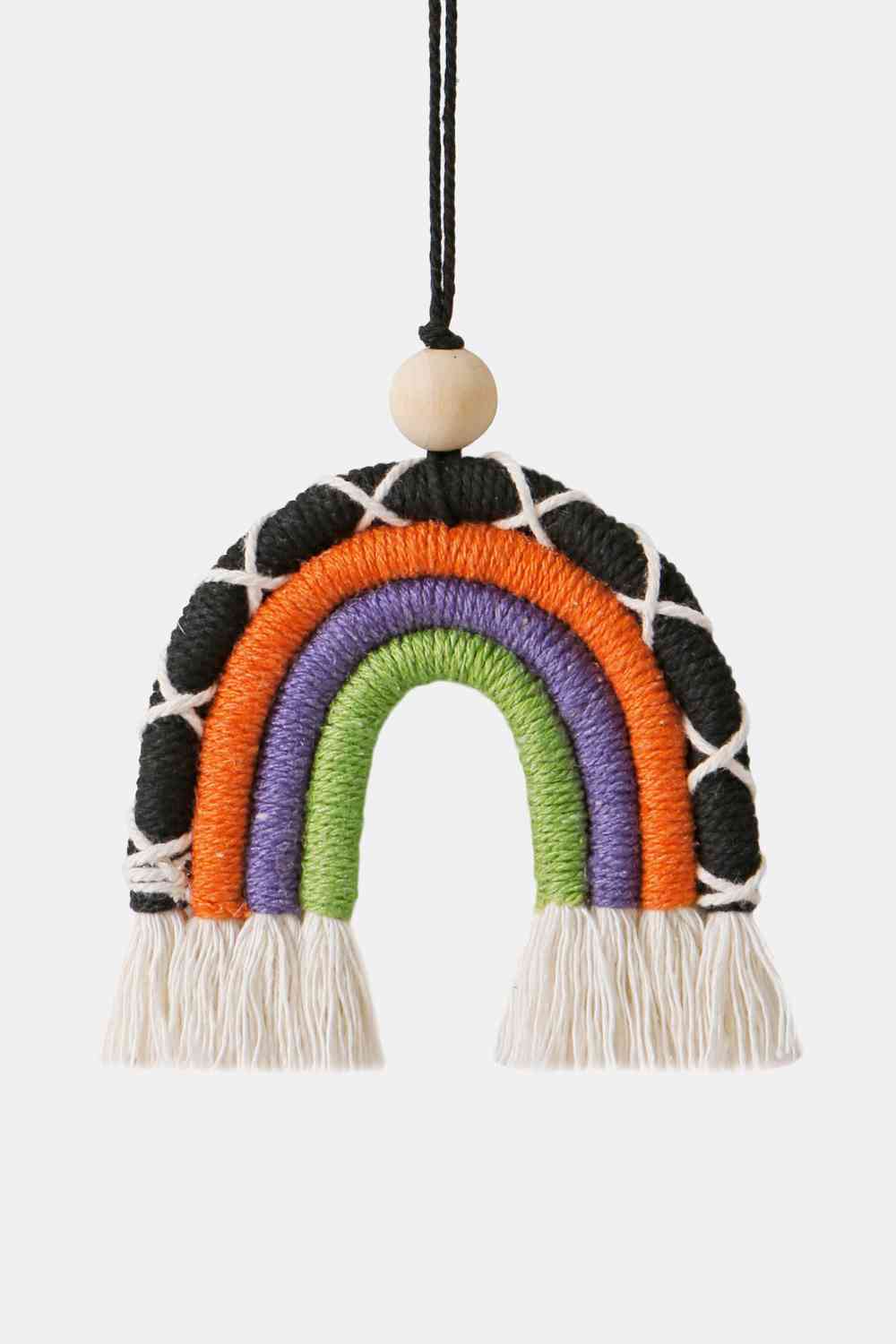 Porte-clés en coton et perles de bois en forme d'arc-en-ciel en macramé à franges