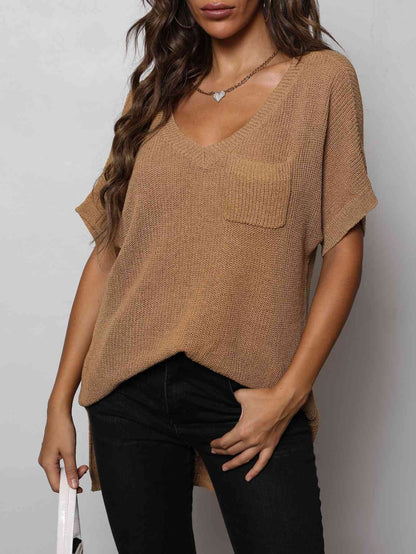 V-Neck Slit High-Low Knit Top