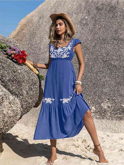 Embroidered Square Neck Ruffle Hem Dress