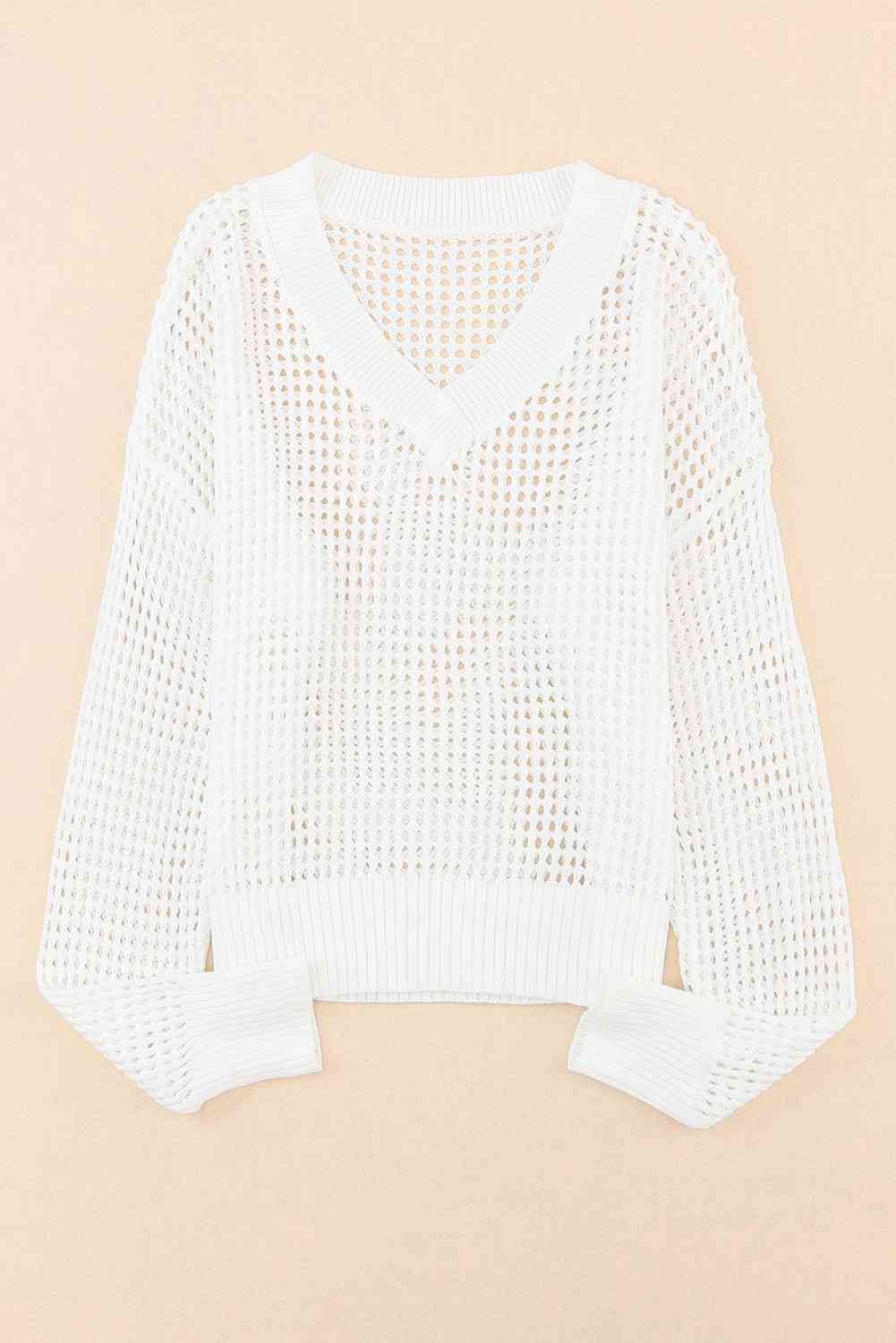 Openwork V-Neck Dropped Shoulder Knit Top