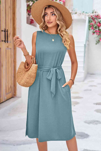 Round Neck Tie Belt Sleeveless Dress with Pockets