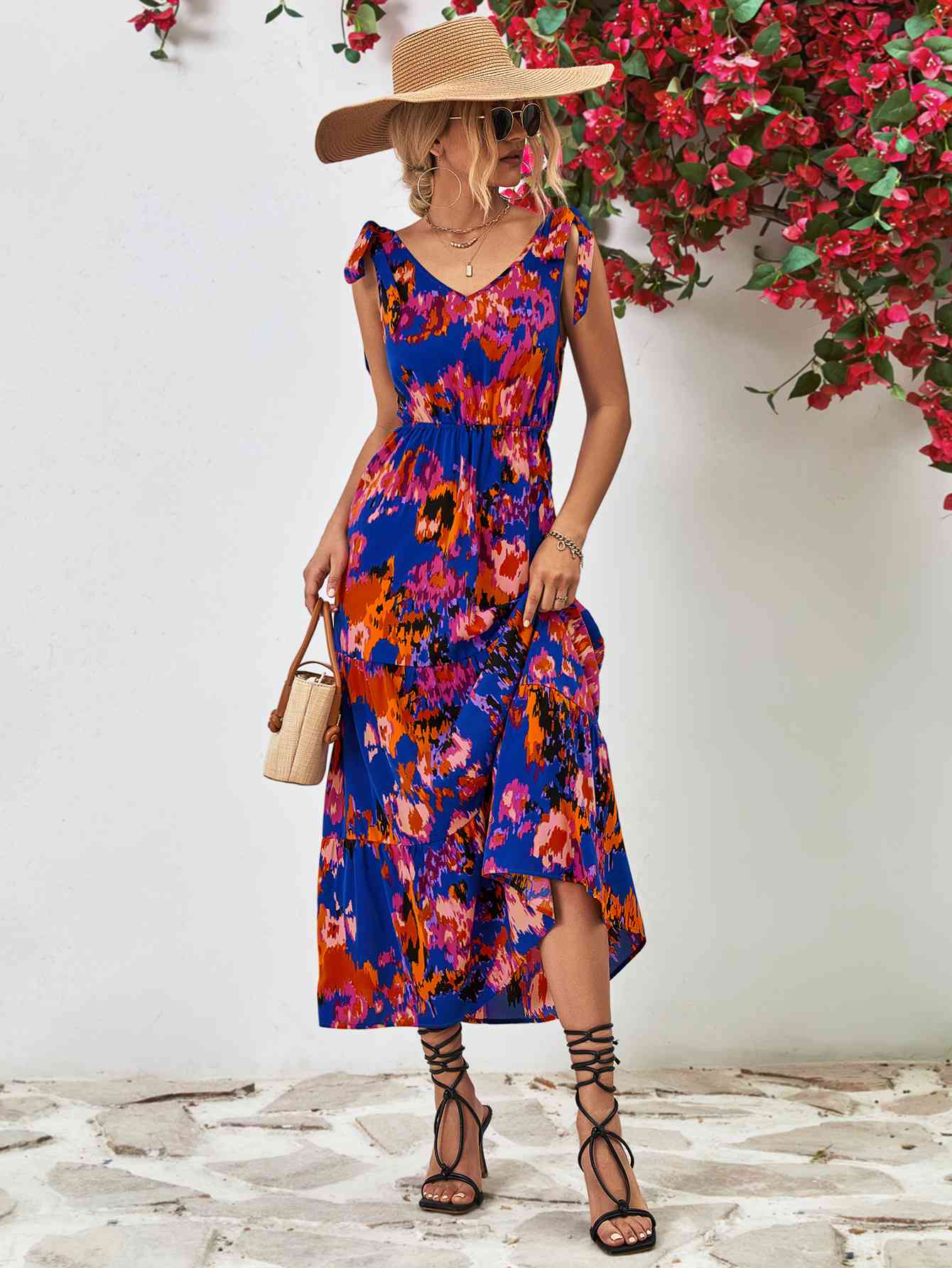 Robe midi multicolore dos nu à col en V