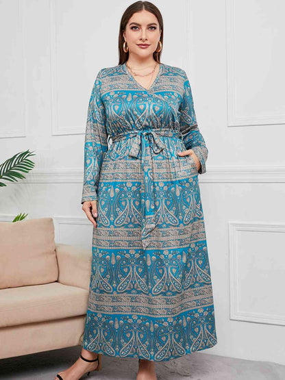 Robe Longue Nouée à Col en V de Grande Taille avec Poche