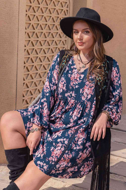 Plus Size Printed V-Neck Long Sleeve Mini Dress