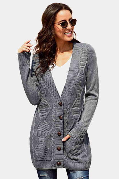 Woven Right Button Pocket Cable Knit Cardigan