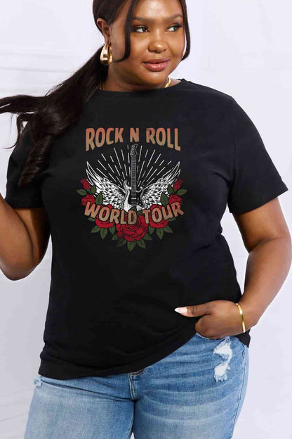 Camiseta de algodón con gráfico ROCK N ROLL WORLD TOUR de tamaño completo de Simply Love