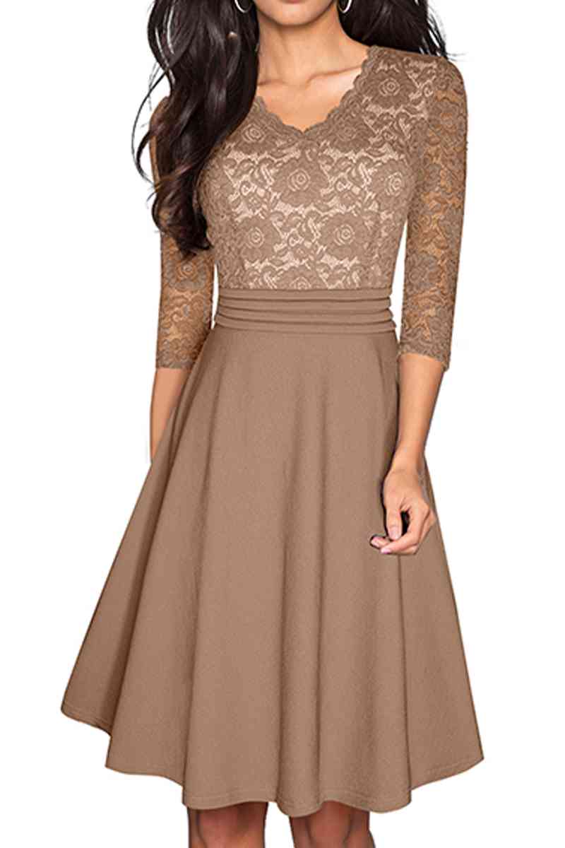 V-Neck Lace Detail Knee-Length Dress