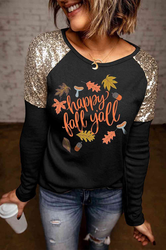 HAPPY FALL Y'ALL Camiseta gráfica con lentejuelas