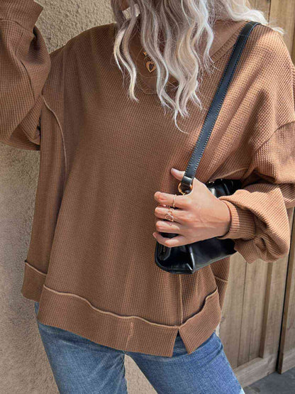 V-Neck Waffle-Knit Slit Top