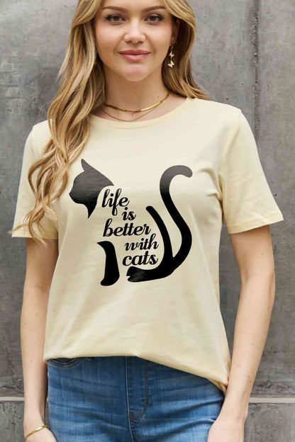 Simply Love Simply Love Taille réelle LA VIE EST MEILLEURE AVEC LES CHATS T-shirt en coton graphique