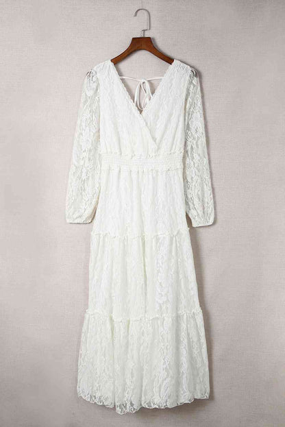 Puff Sleeve Tie-Back Lace Surplice Dress