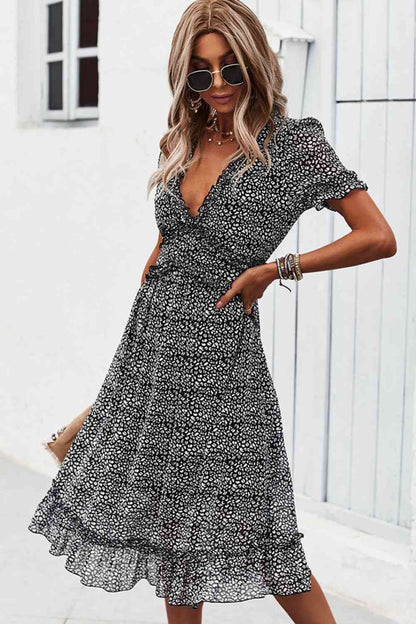 Leopard Frill Trim V-Neck Flounce Sleeve Dress