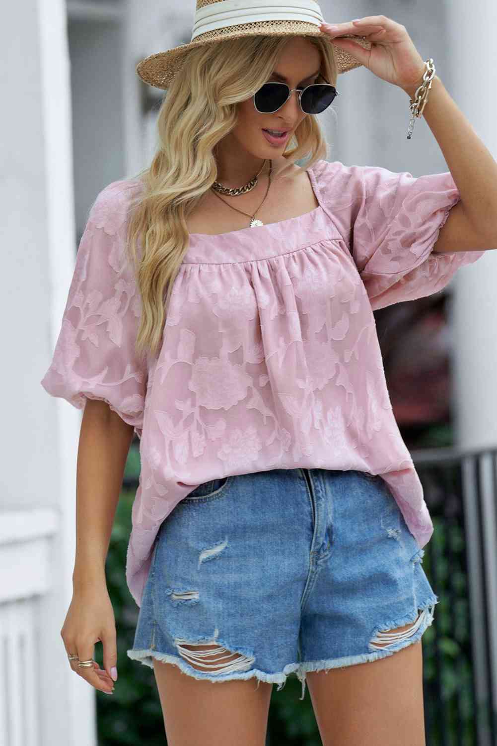 Applique Puff Sleeve Square Neck Blouse