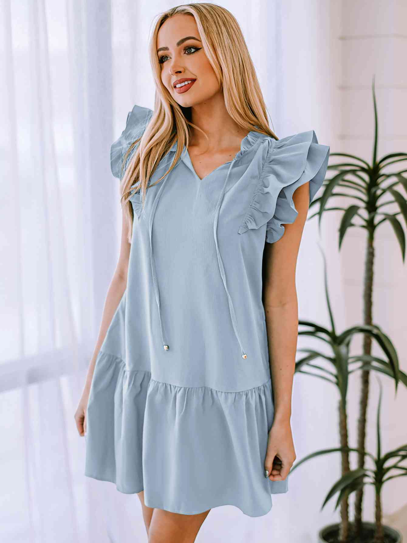 Ruffle Shoulder Tie-Neck Tiered Dress