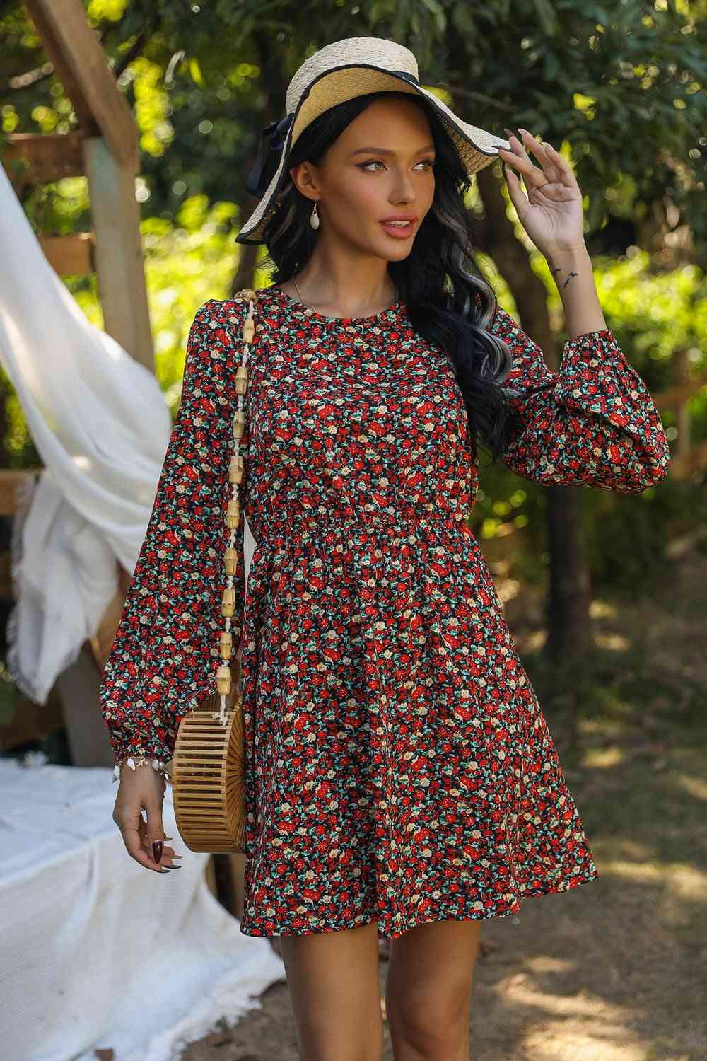 Printed Round Neck Long Sleeve Mini Dress