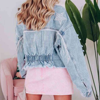 Veste en jean avec ourlet brut et franges