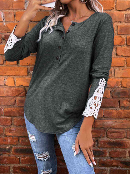 Spliced Lace Half Button Long Sleeve T-Shirt