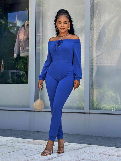 Lace-Up Off-Shoulder Long Sleeve Jumpsuit