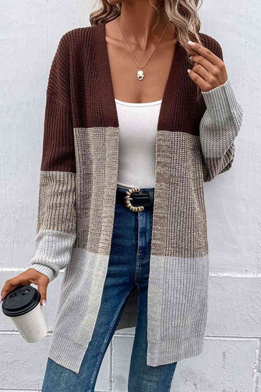 Woven Right Color Block Open Front Rib-Knit Longline Cardigan