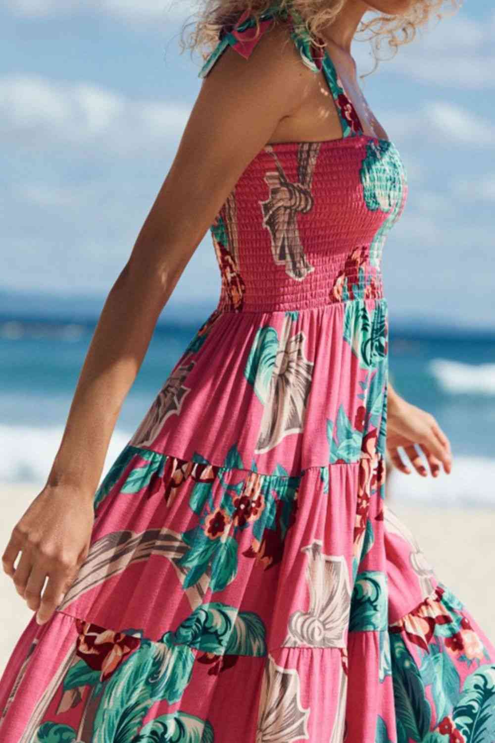 Floral Smocked Tie-Shoulder Tiered Dress