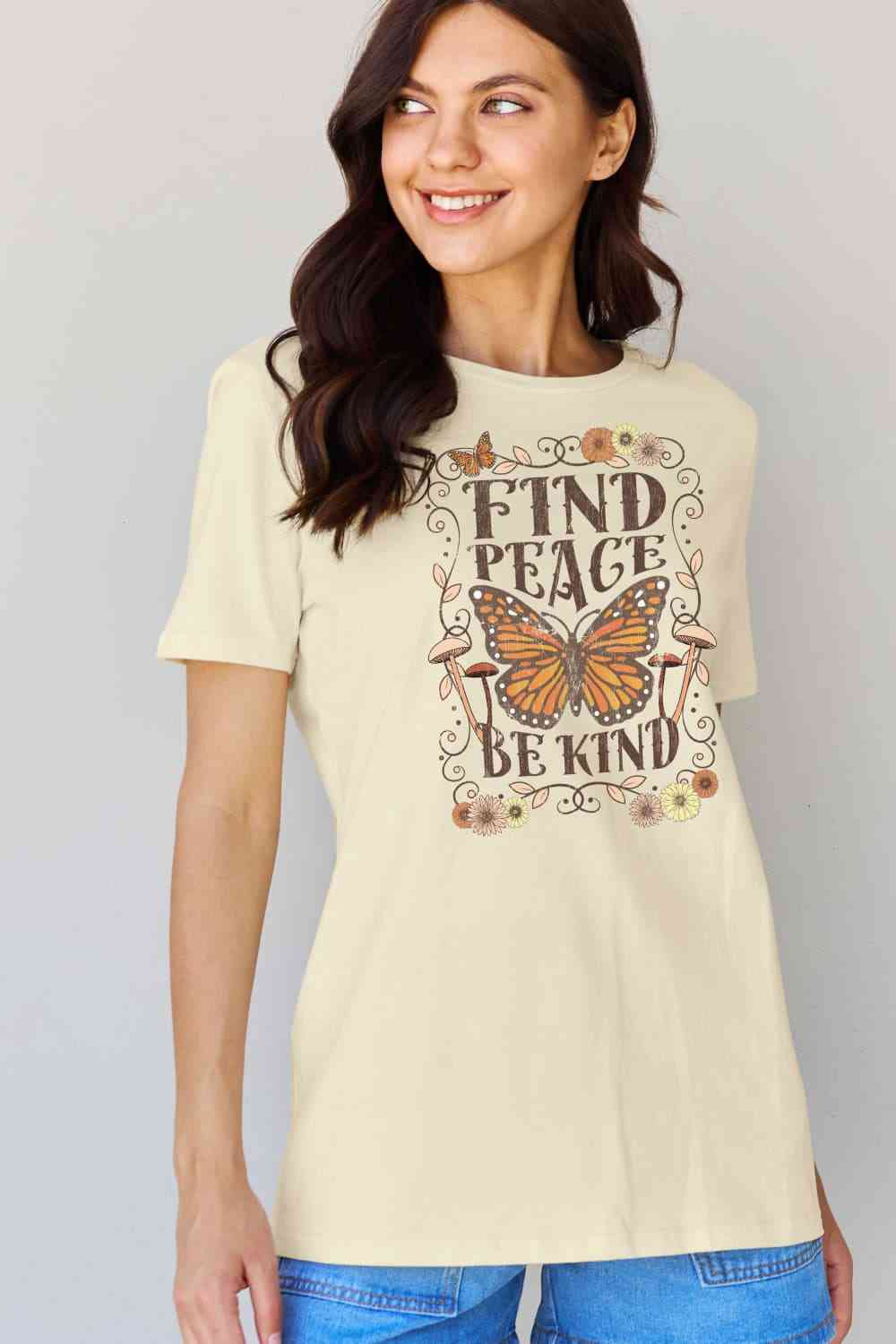 Camiseta de algodón con estampado de talla grande FIND PEACE BE KIND de Simply Love