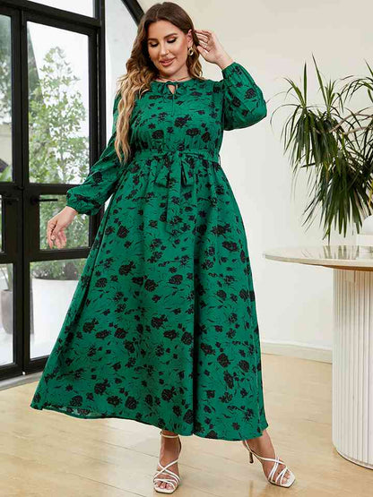 Robe Imprimée à Manches Longues et Col Noué de Grande Taille