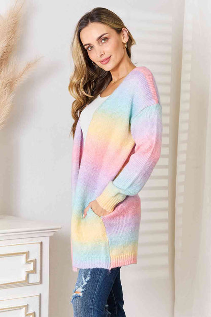 Cardigan long tissé à droite, dégradé multicolore, ouvert sur le devant